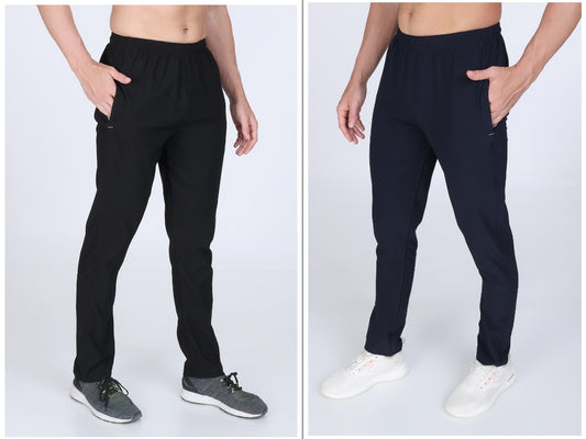 Combo Of Men's Black And Dark Blue Twill Lycra Stretch Track Pants