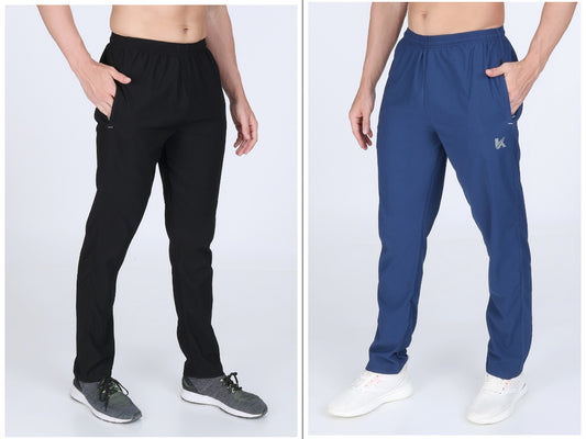 Combo Of Men's Black And Electric Blue Twill Lycra Stretch Track Pants