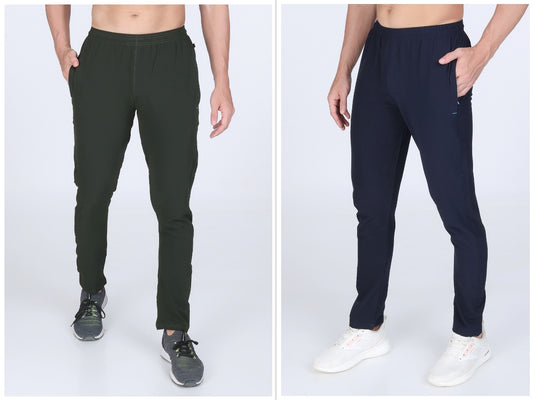 Combo of 2 Men's Terry Bottle Green and Dark Blue Lycra Stretch Track Pants