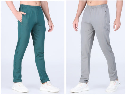 Combo of 2 Men's 4 Way Stretch Lining Bottle Green and Silver Track Pant