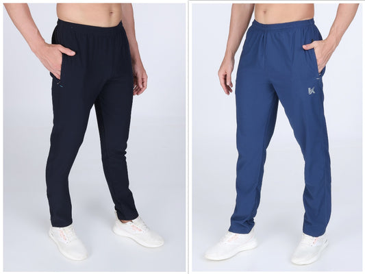 Combo Of Men's Dark Blue And Electric Blue Twill Lycra Stretch Track Pants