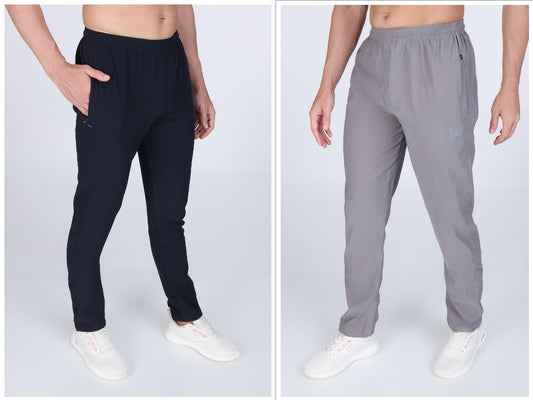 Combo Of Men's Dark Blue And Light Grey Twill Lycra Stretch Track Pants