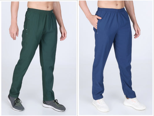 Combo Of Men's Dark Green And Electric Blue Twill Lycra Stretch Track Pants
