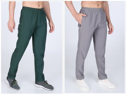 Combo Of Men's Dark Green And Light Grey Twill Lycra Stretch Track Pants