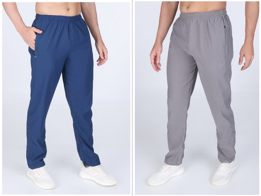 Combo Of Men's Electric Blue And Light Grey Twill Lycra Stretch Track Pants